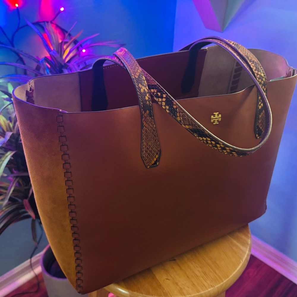 Tory Burch Leather Suede Exotic Curio Tote Bag - Picture 12 of 15